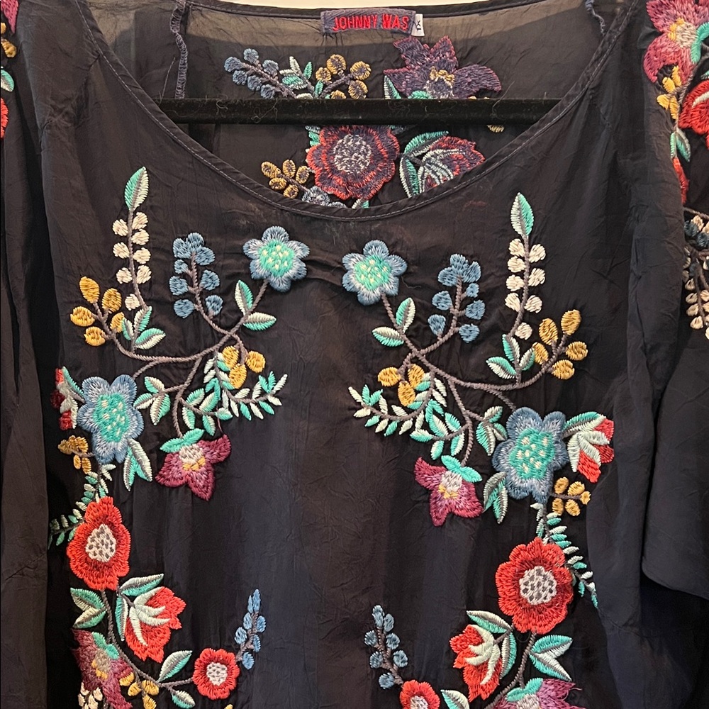 Johnny Was Black Blouse with Colorful Floral Embroidery - Picture 4 of 7